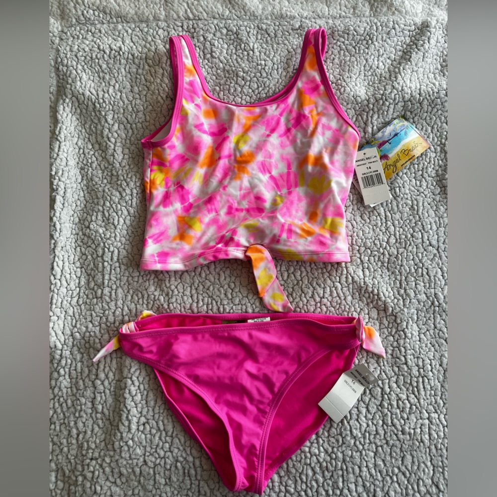 NWT - Angel Beach - Girls Size 14 - Pink Tie-Dye Tankini Swimsuit